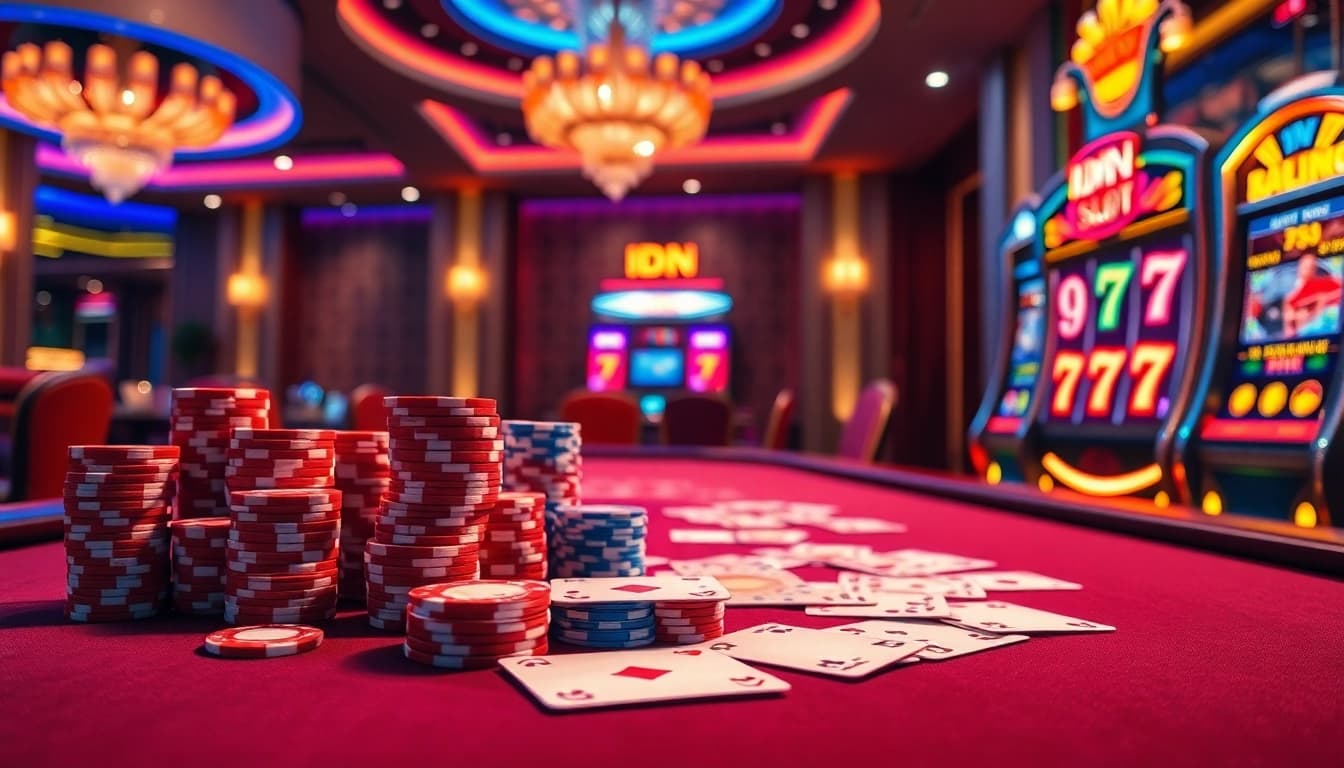 IDN Slot 777 gaming table with vibrant casino chips and tension-filled poker cards.