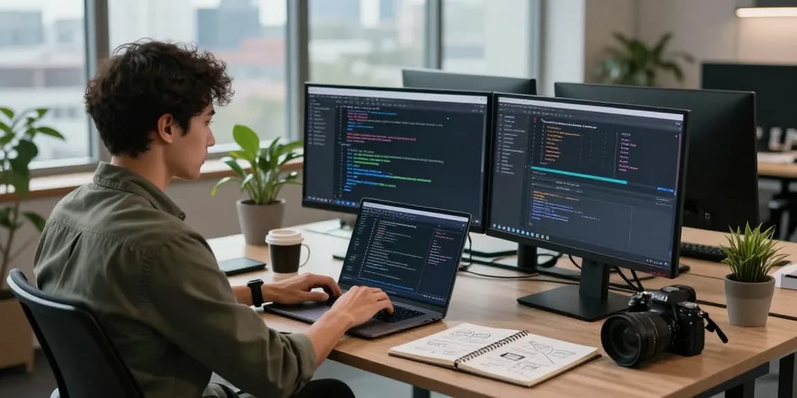 WhatsApp下載 in a modern tech workspace featuring a developer actively coding on dual monitors with coffee and notes.