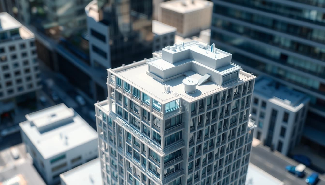 Architekturmodellbau Hannover mit einem detaillierten Modell eines modernen Gebäudes in einer urbanen Umgebung.
