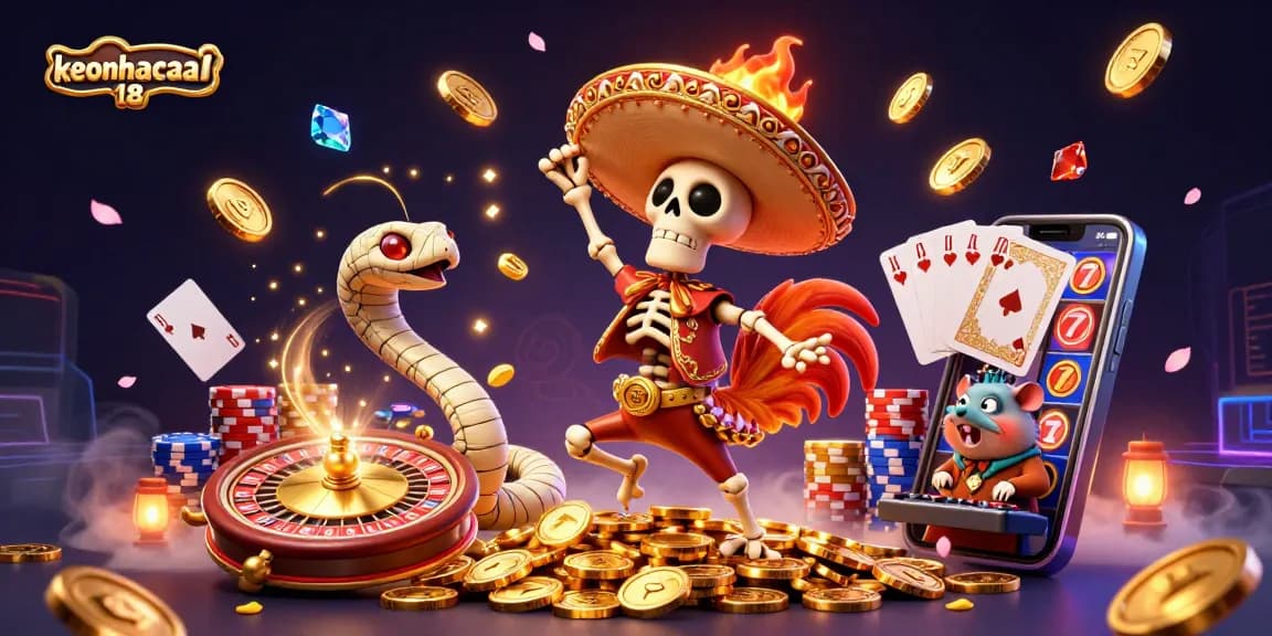 Celebrate big wins with keonhacai 18 as a mariachi rooster dances amid casino riches.