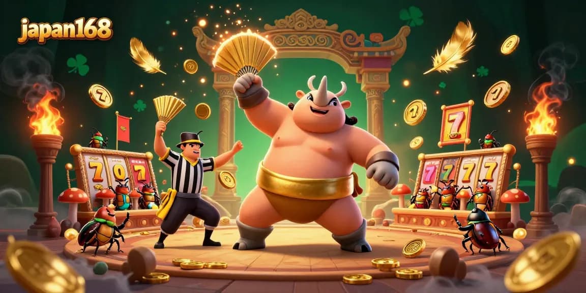 Watch japan168's exciting gameplay with a dynamic illustration of a sumo champion beetle competing amidst flying coins.
