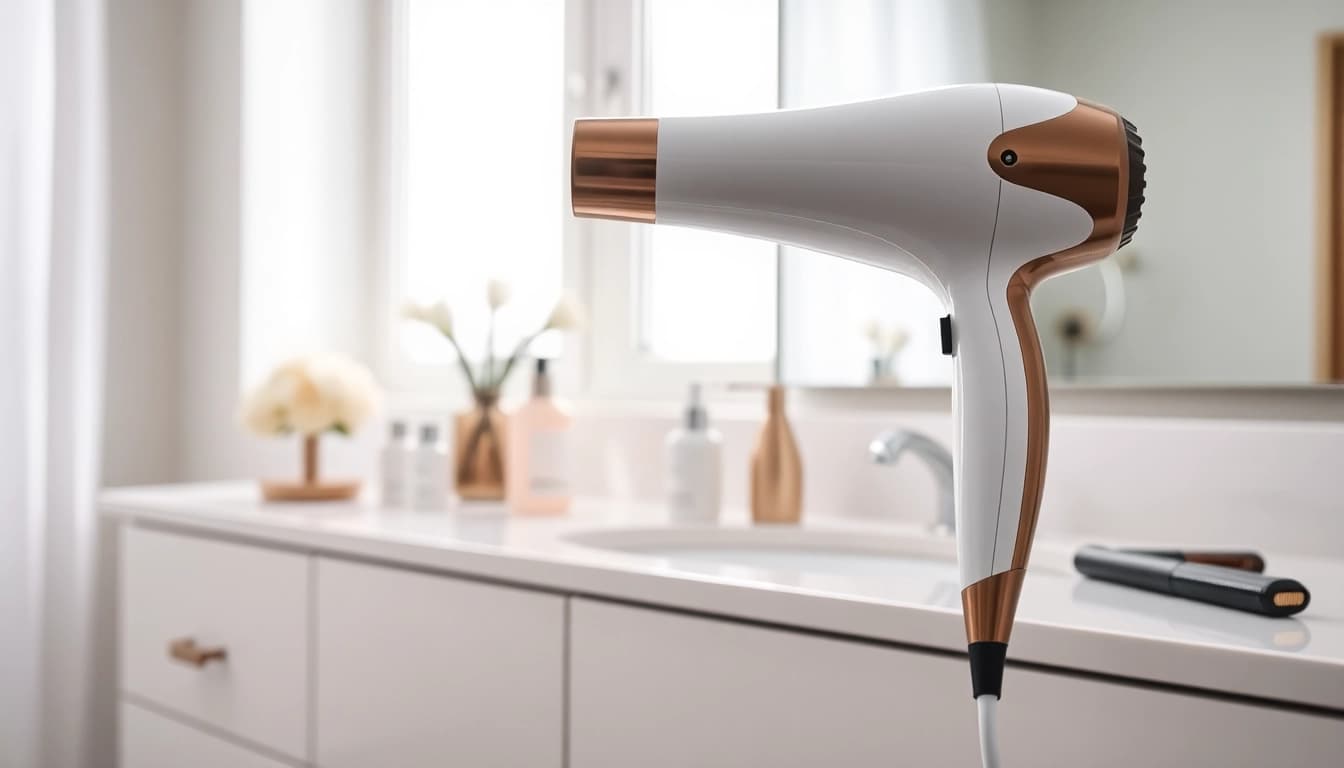 Enhancing frizzy hair with a sleek, modern hair dryer designed for frizzy hair.