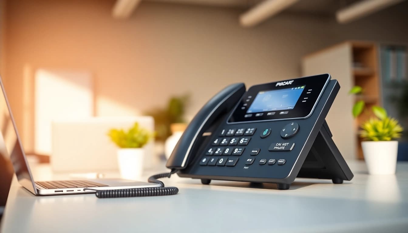 Showcase of a small business phone system in a modern office environment highlighting its features.