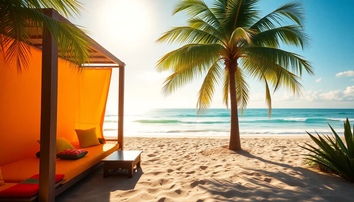 Relax in a coastal cabana, a vibrant beachside retreat with inviting decor and stunning views.