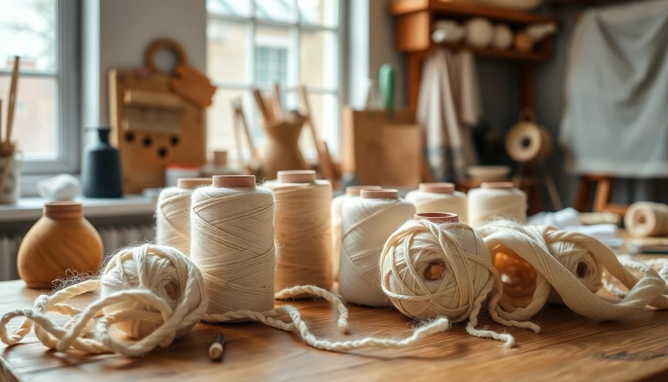 Gebruik van ongebleekt katoen in een handwerkatelier met creatieve materialen en lichtinval.