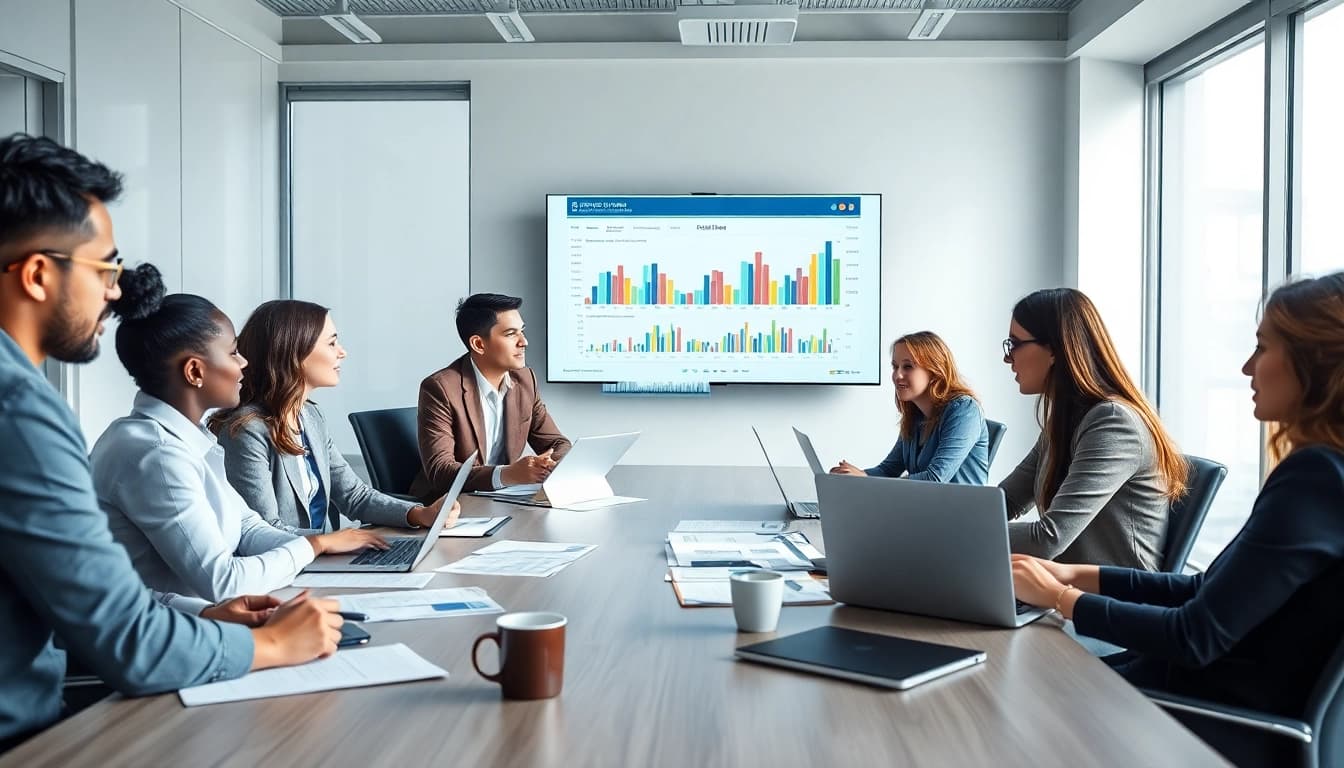 Corporate Tax Services meeting with diverse professionals analyzing financial reports in a modern office.