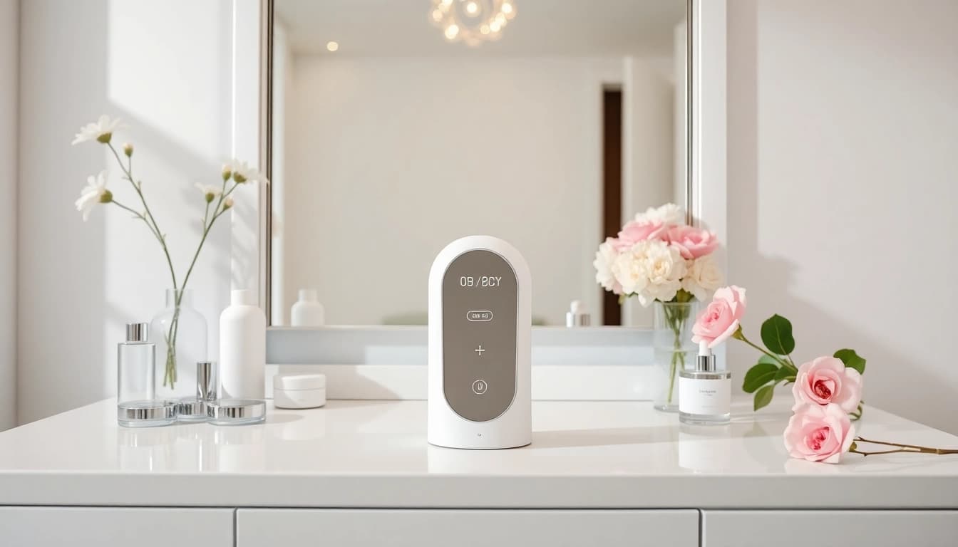 facial whitening instrument manual displayed on a stylish vanity with beauty products and soft lighting