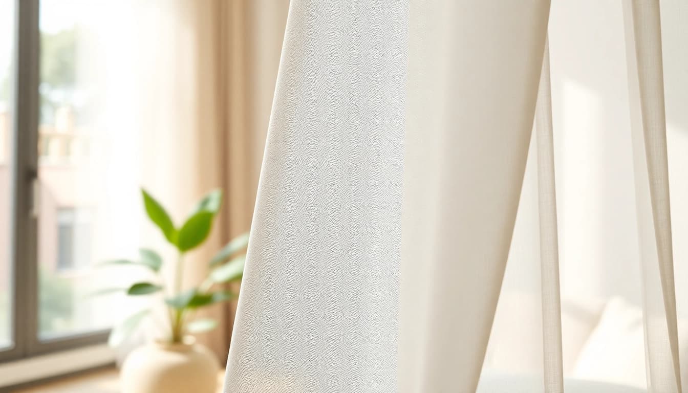 Voile stof met elegante plooien in een moderne interieur setting verlicht door natuurlijk licht.