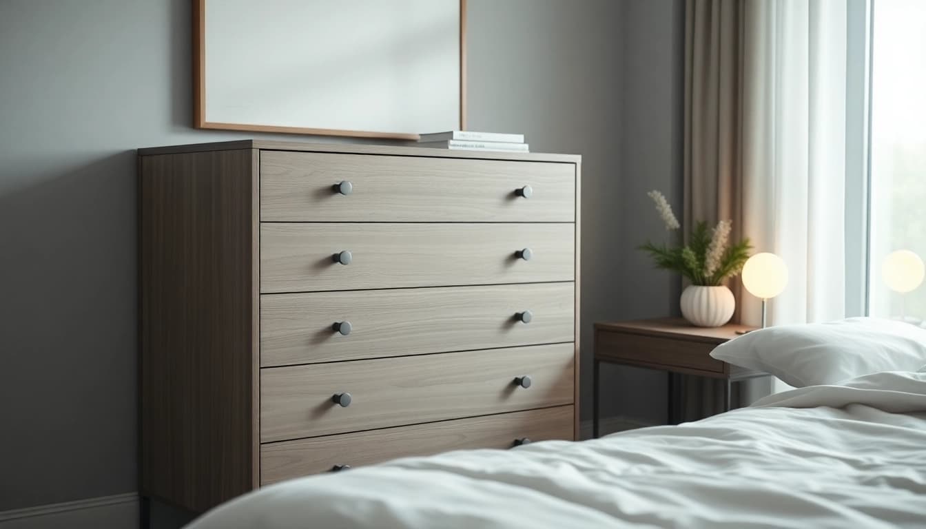 Elegant chest of drawers in a modern bedroom, showcasing smooth design and warm tones.