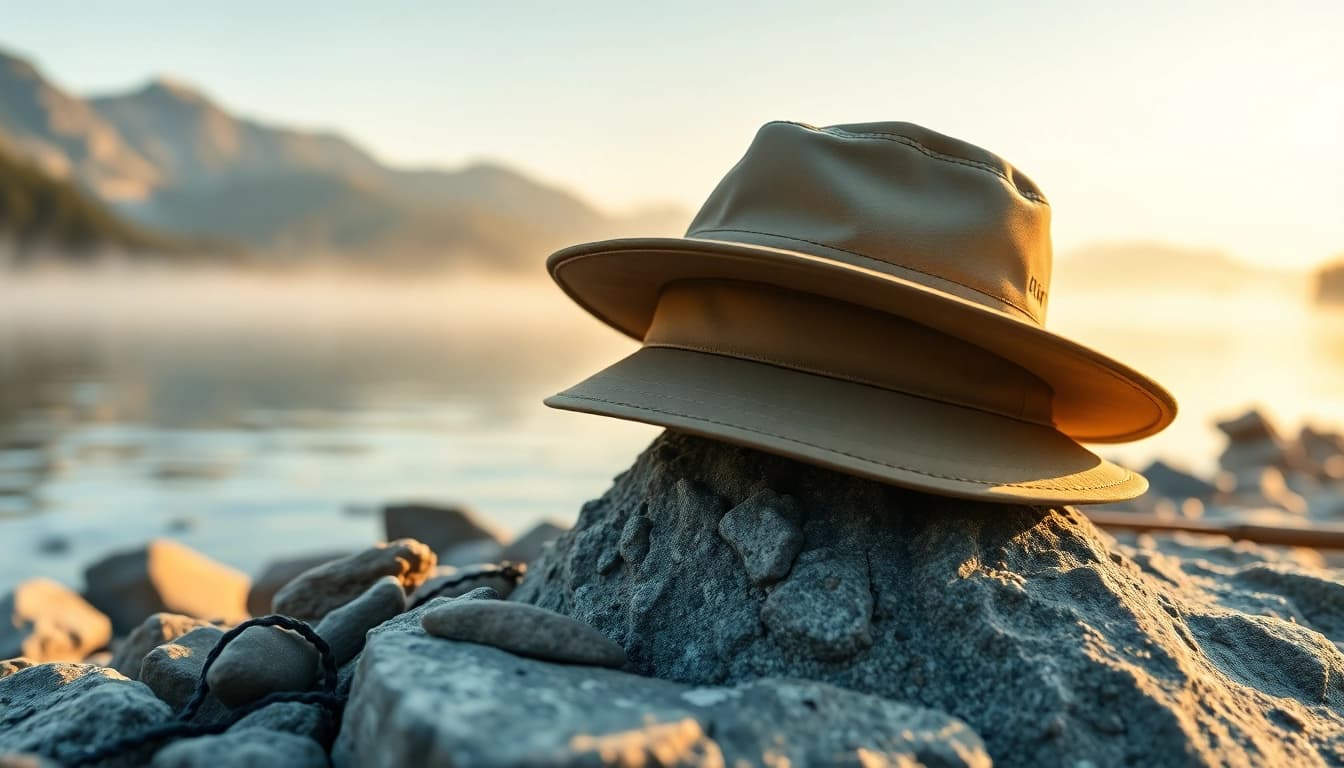 A person wearing a fly fishing hat enjoys tranquil moments on a scenic lakeshore.