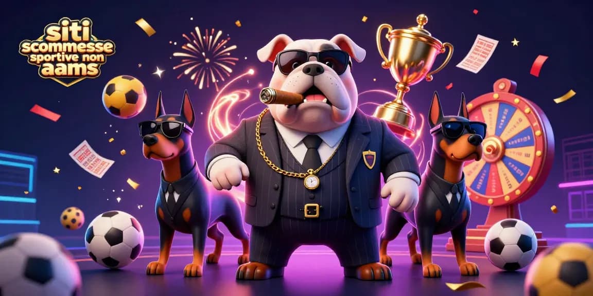 Siti scommesse sportive non AAMS presenta un bulldog mafioso con due Doberman e elementi di scommesse.