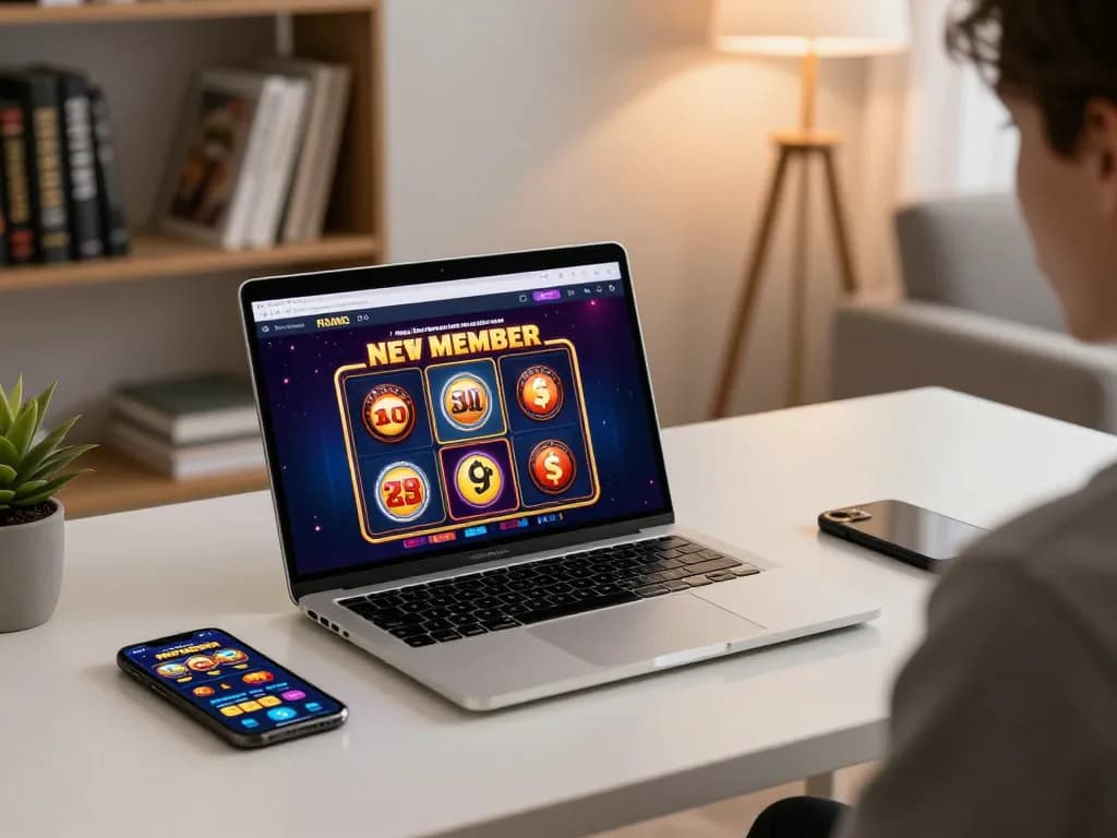 Engaging online gaming setup showcasing bonus new member promotions for a vibrant slot interface.