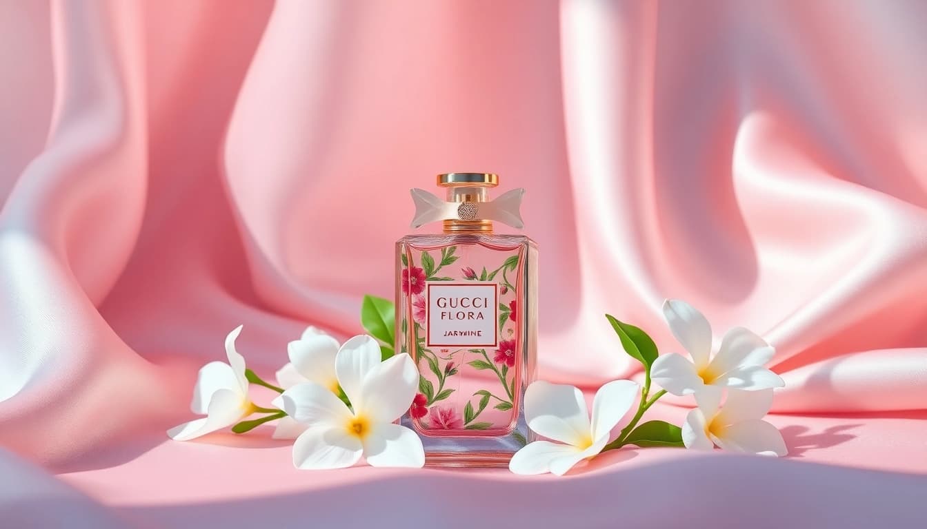 Shop the gucci flora 50ml best price, featuring a luxurious perfume bottle surrounded by jasmine blooms.
