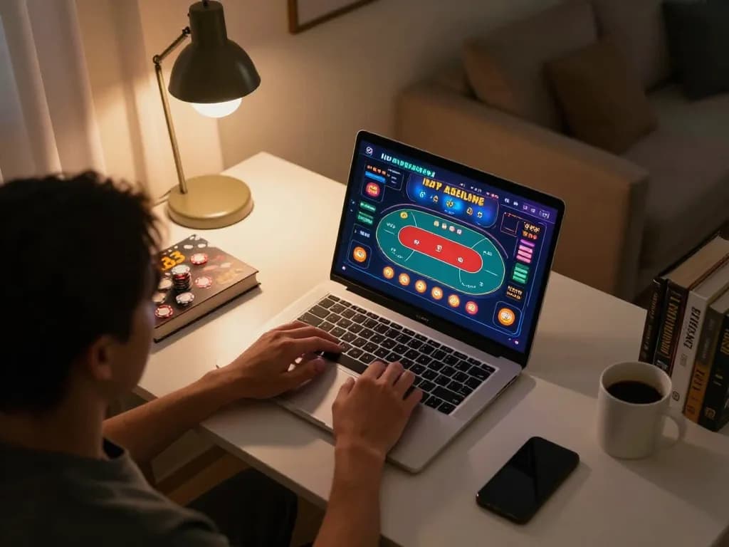 Person engaging in online gaming at king33 using a laptop in a cozy home environment
