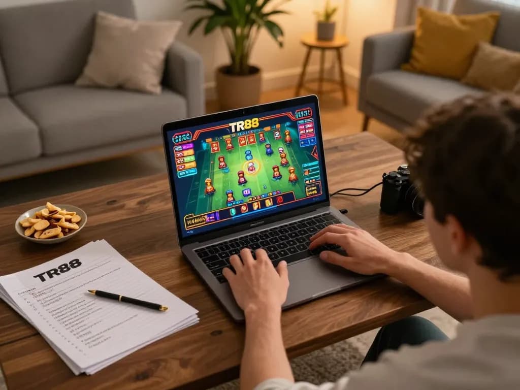 Player engages in strategic slot gaming on TR88 laptop while enjoying a cozy home environment