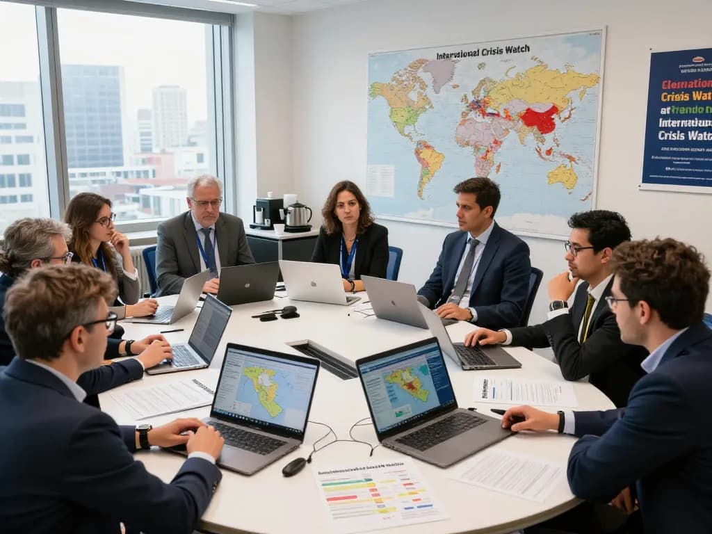 International Crisis Watch team discussing global crisis data in a strategic environment.