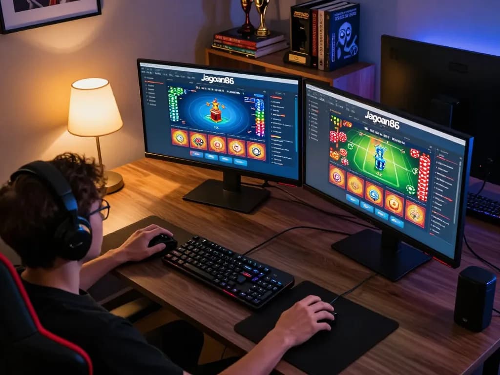 Engaging online gaming moment with jagoan86 app displayed on screens and a focused player.