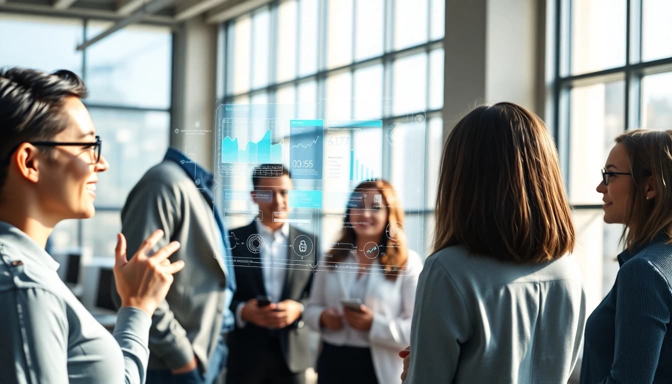 Visualize an enterprise assistant enhancing team collaboration in an engaging office setting.