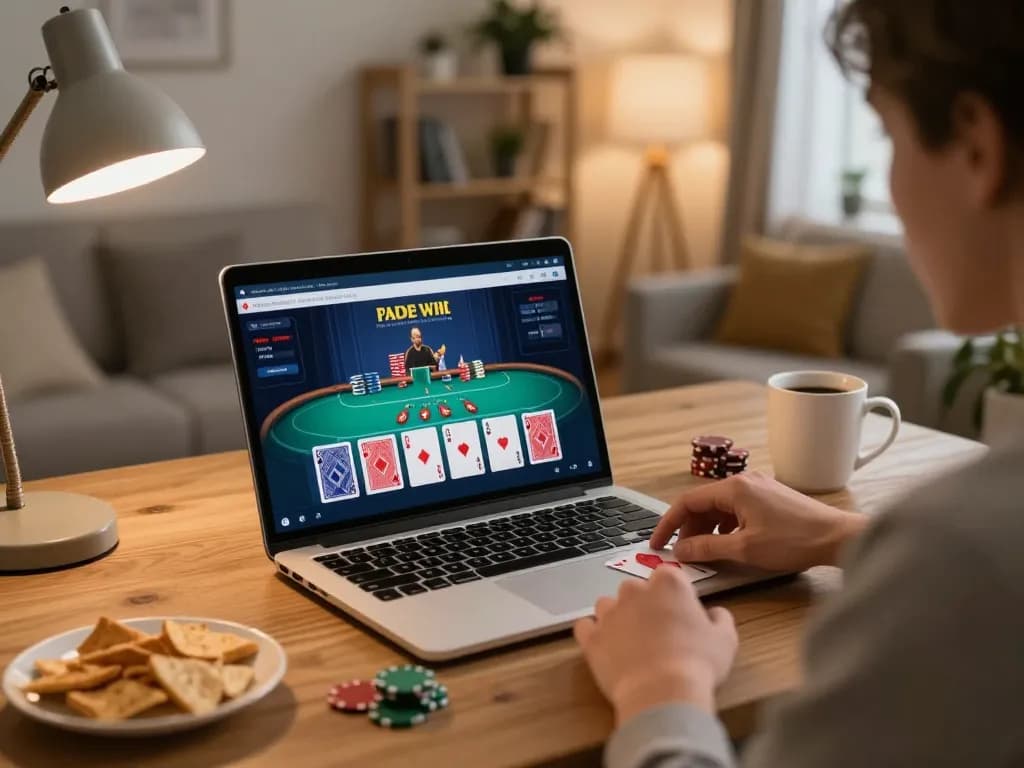 Player engaging in an online poker game at home with rr88 app on laptop, cozy atmosphere.