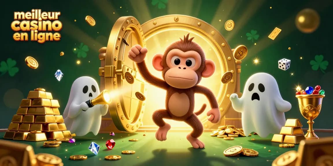 Découvrez le meilleur casino en ligne avec un singe poltergeist et un chiot chasseur de fantômes dans une scène animée.