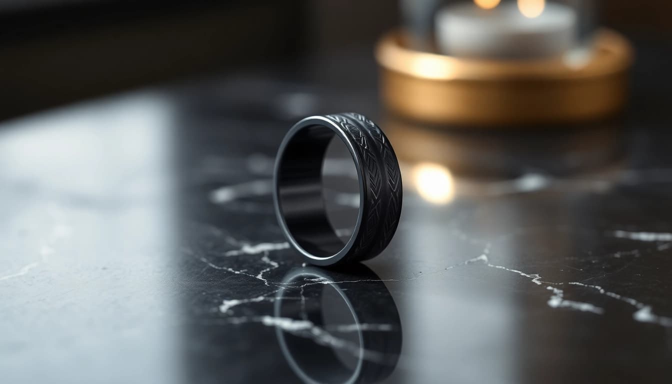 Admire the intricate details of Black Zirconium Rings with a matte finish on a dark marble surface.