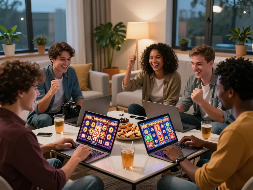 Malam permainan kelompok yang mengasyikkan menampilkan teman-teman yang menikmati slot online laoban188 di ruang tamu yang nyaman.