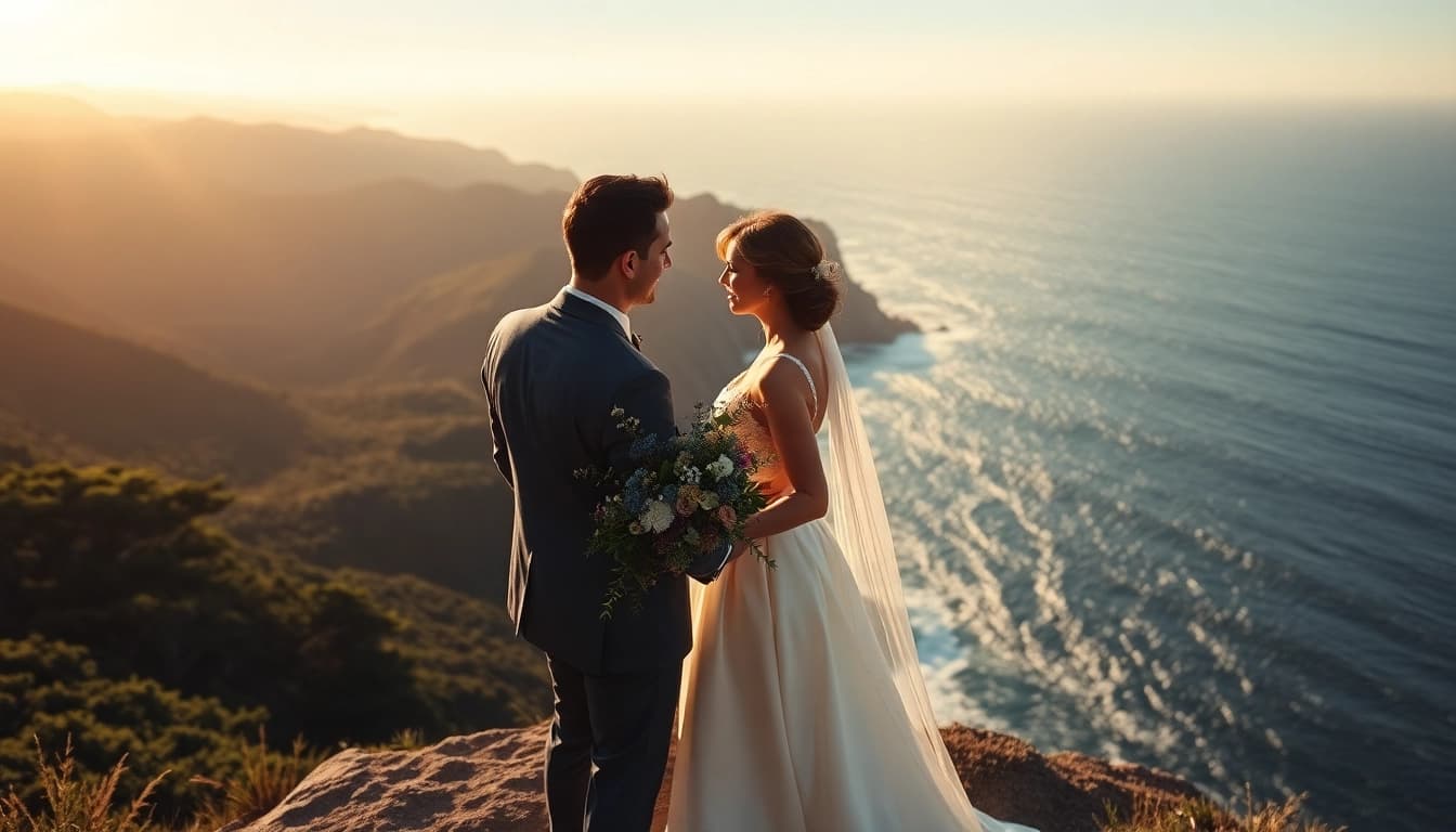 Big Sur wedding photographer captures a couple embracing with the picturesque coastline as backdrop.