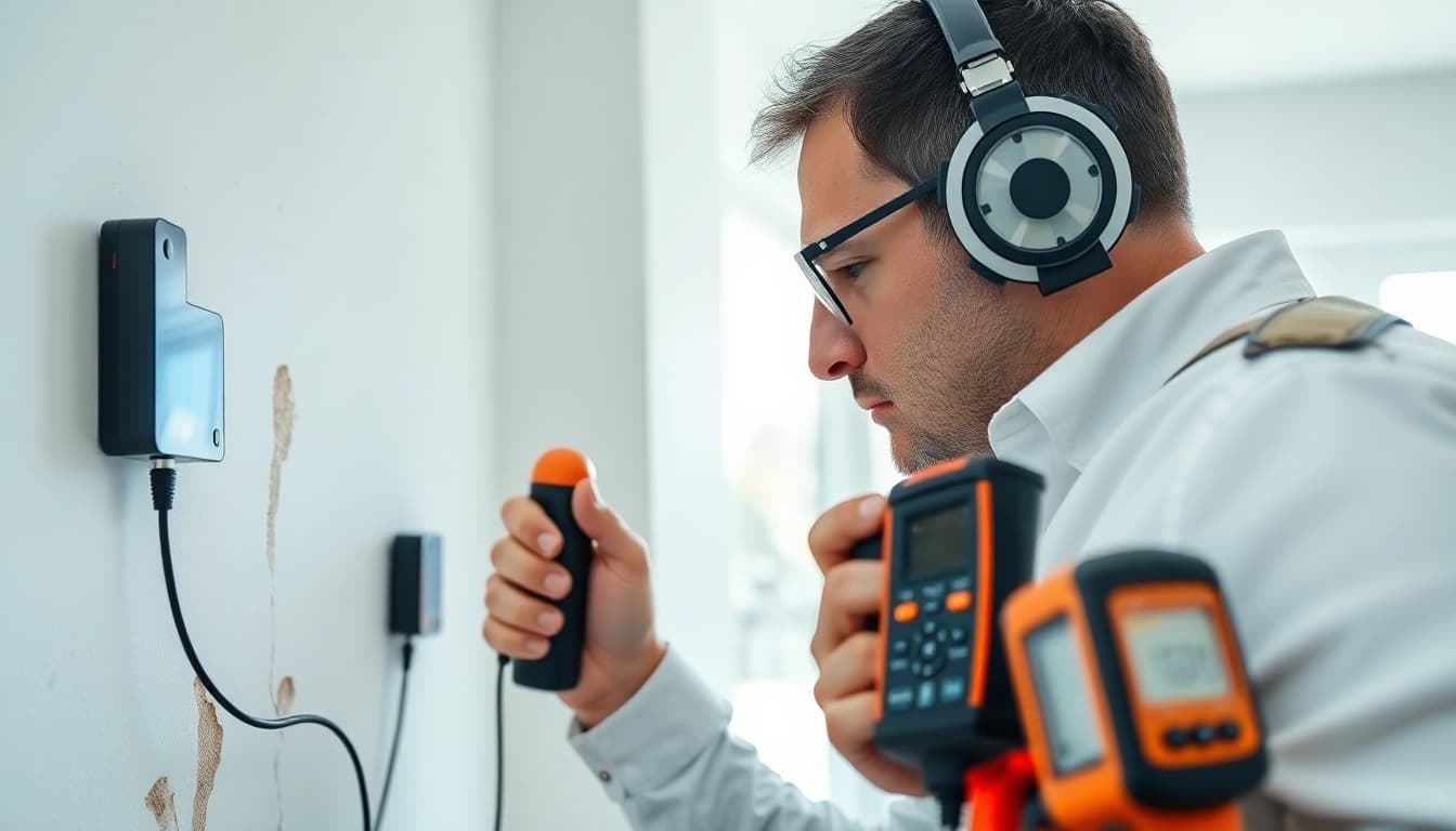 Leak Detection expert analyzing potential water damage within a home using specialized equipment.