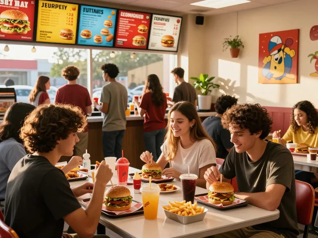 Friends enjoying a lively meal at a fast food restaurant, showcasing fast food prices.