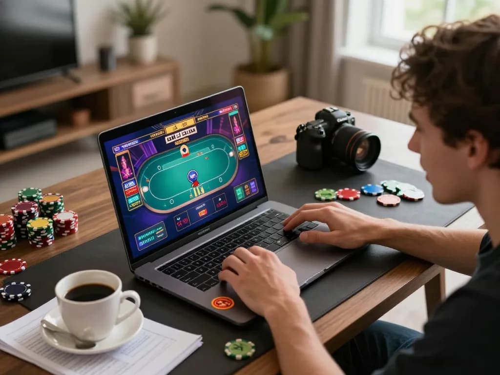 Engaging in online poker gameplay at home with g28 laptop and vibrant graphics