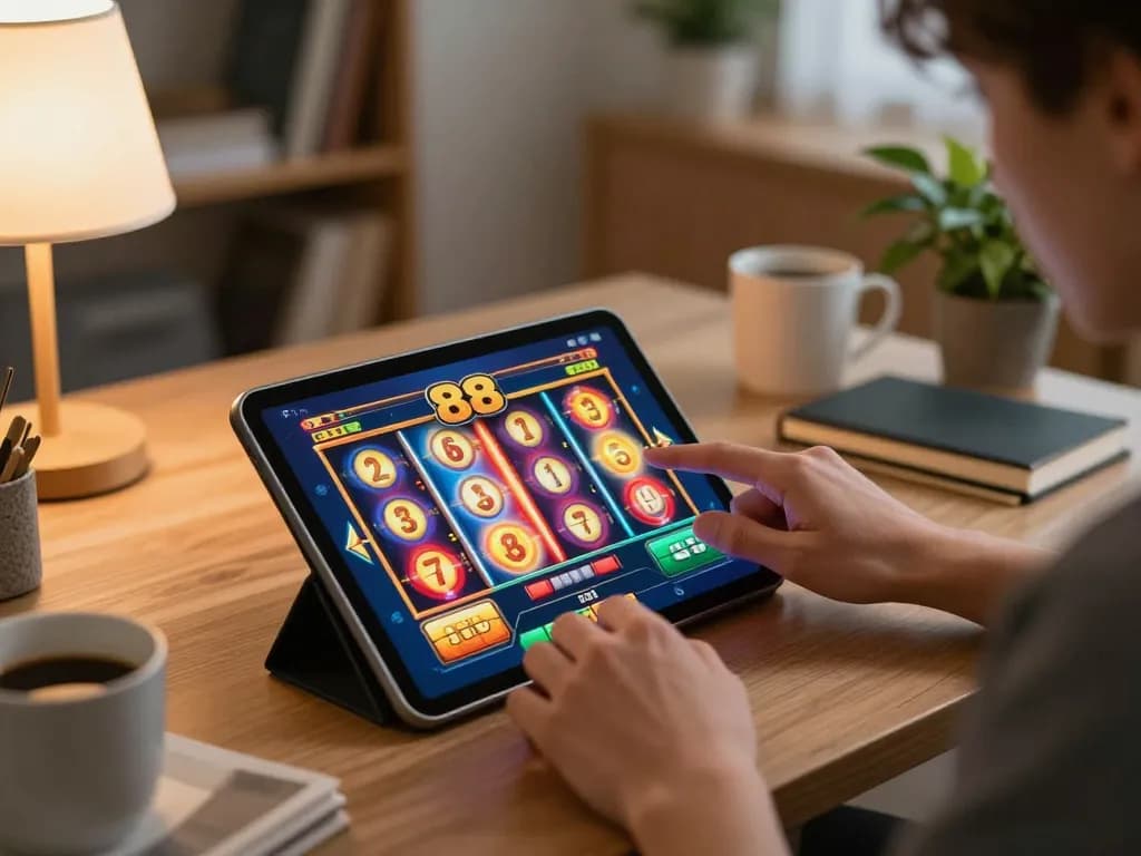 Engaging in slot88 gameplay on a tablet at home, highlighting immersive gambling action