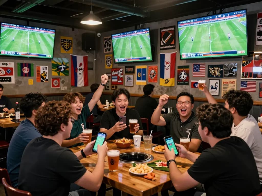 Engaged fans placing bets on their smartphones while enjoying a football stream Cakhiatv at a lively sports bar, showcasing the excitement