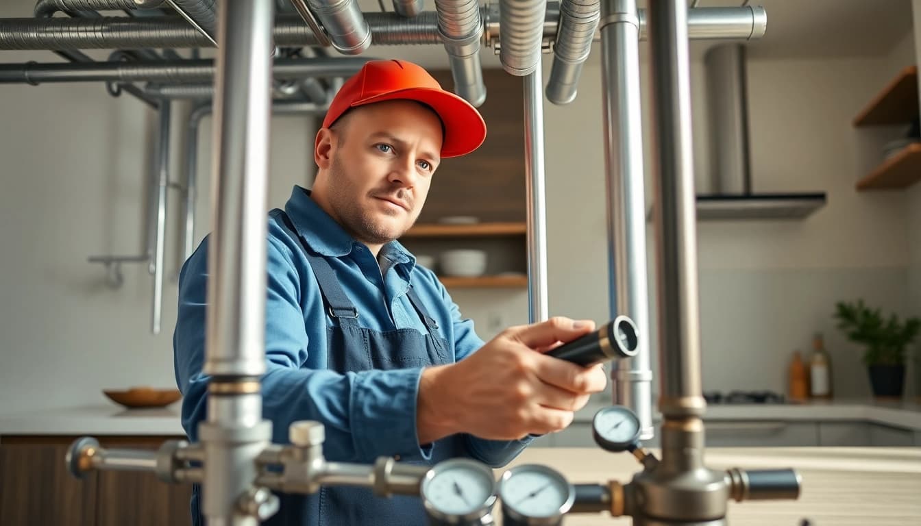 Inspecting whole house repiping services Clearwater FL in a well-lit kitchen environment.
