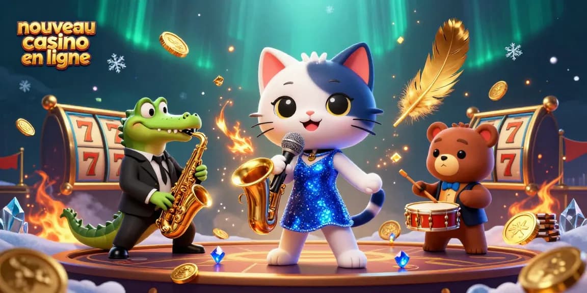 Profitez du nouveau casino en ligne avec des personnages animés jouant aux machines à sous dans une illustration dynamique.