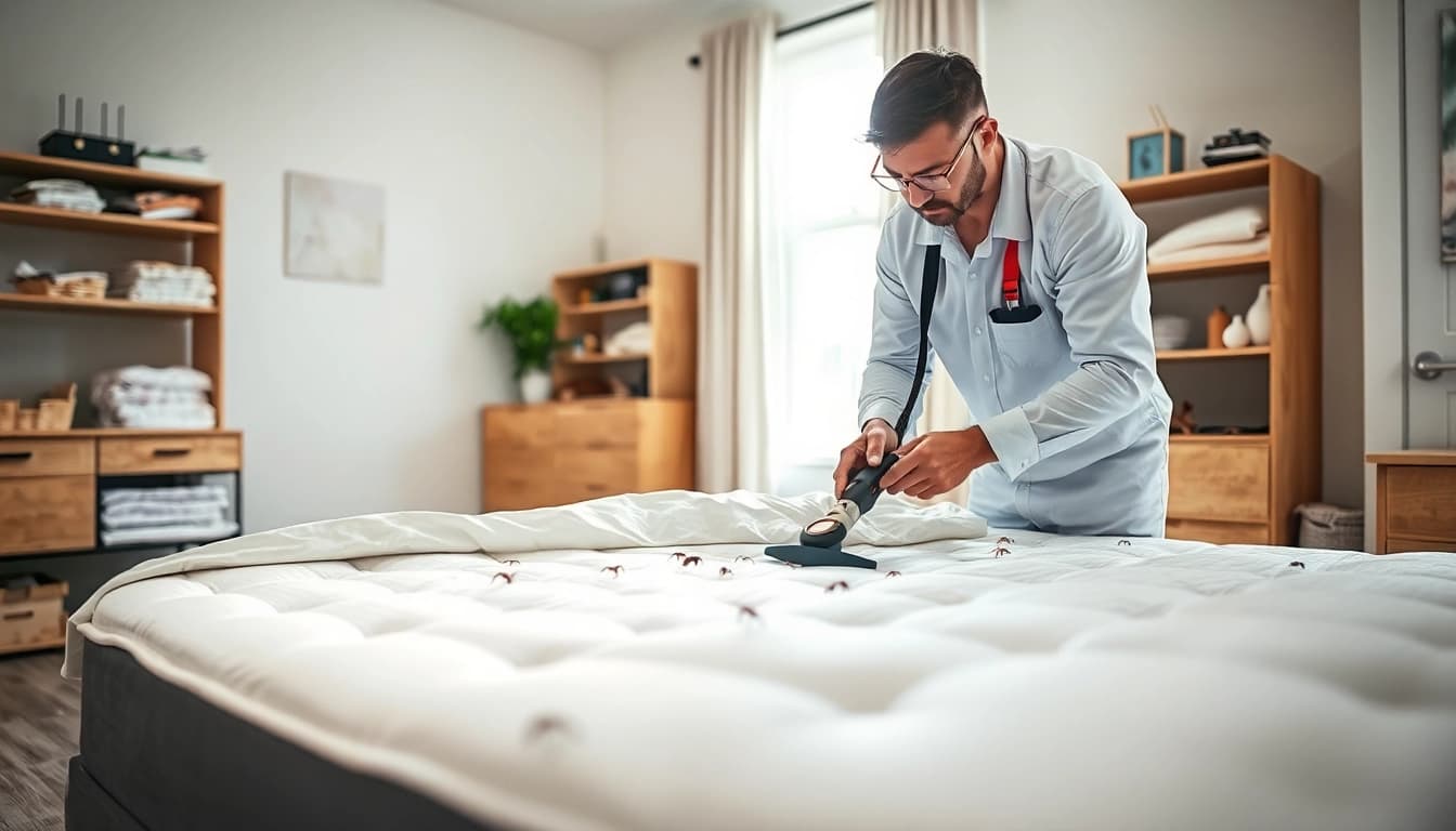 Technician engaged in bed bug removal process, emphasizing professional pest control methods.
