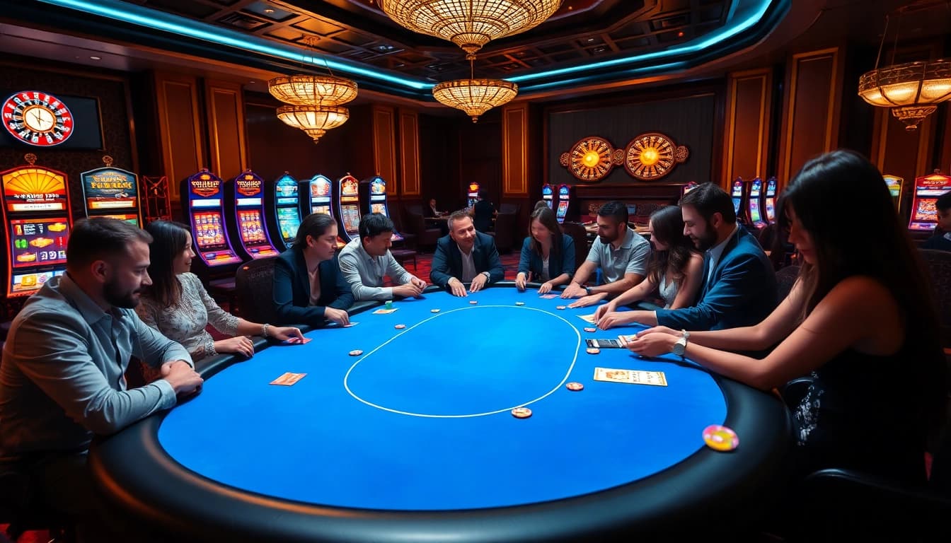 Engaging gamblers at a luxurious poker table, showcasing https://kkwin68.info/ excitement and strategy.
