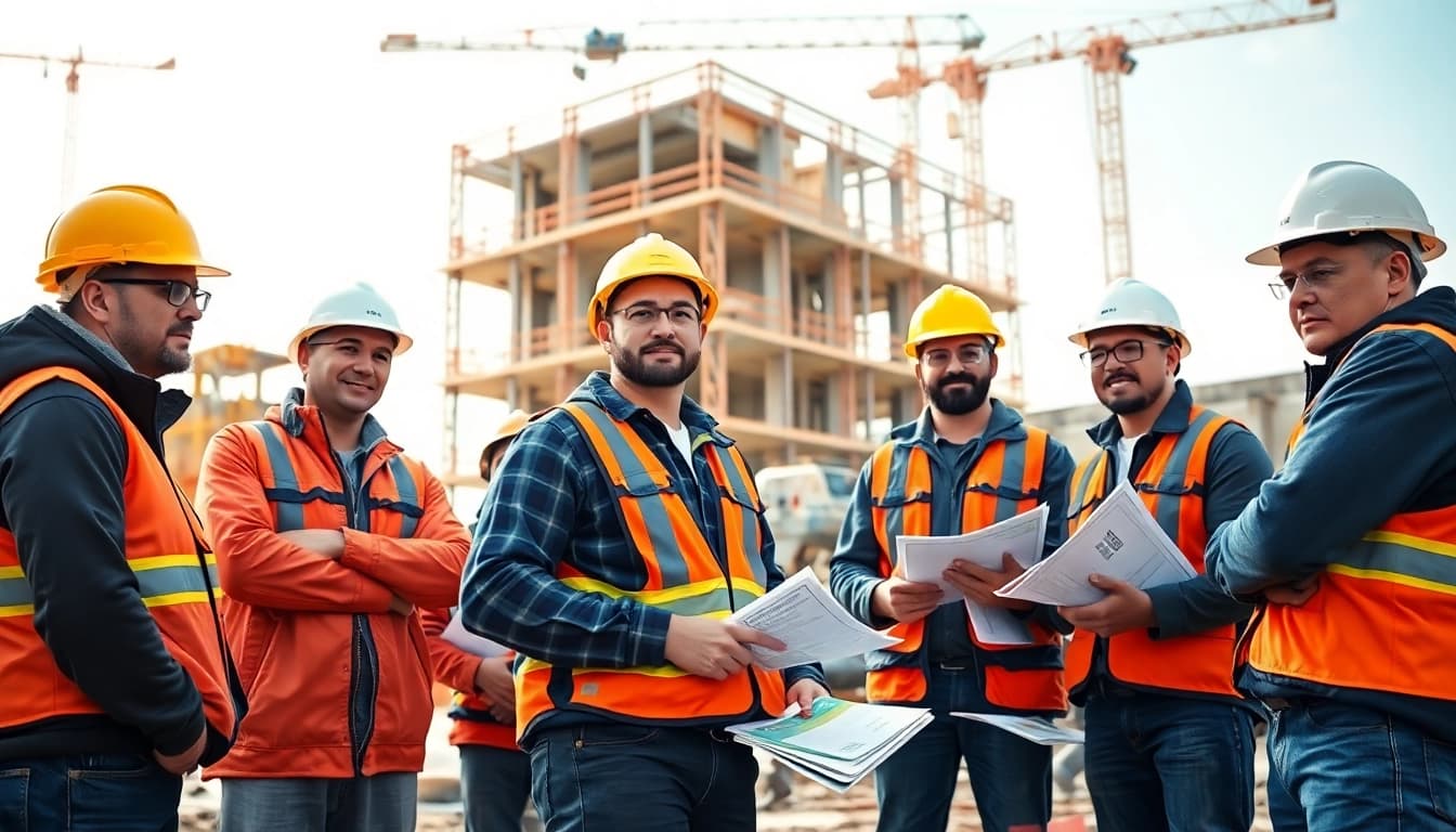 Illustration depicting construction workforce development through training and teamwork on site.