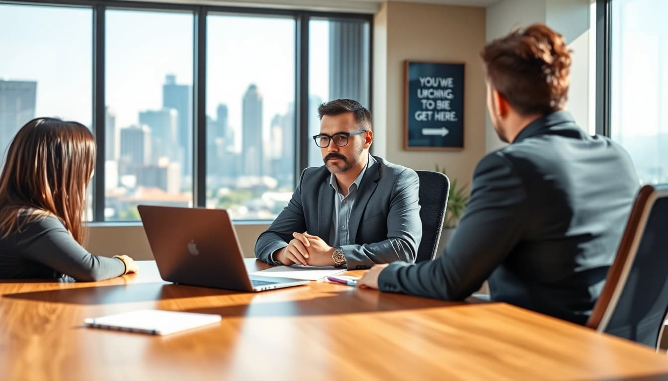 Engaging business coach in Los Angeles leading a productive session with clients in a modern office.