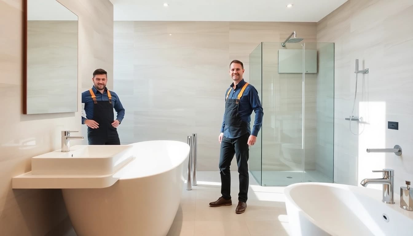 Skilled bathroom fitters Manchester working on a stylish bathroom renovation.