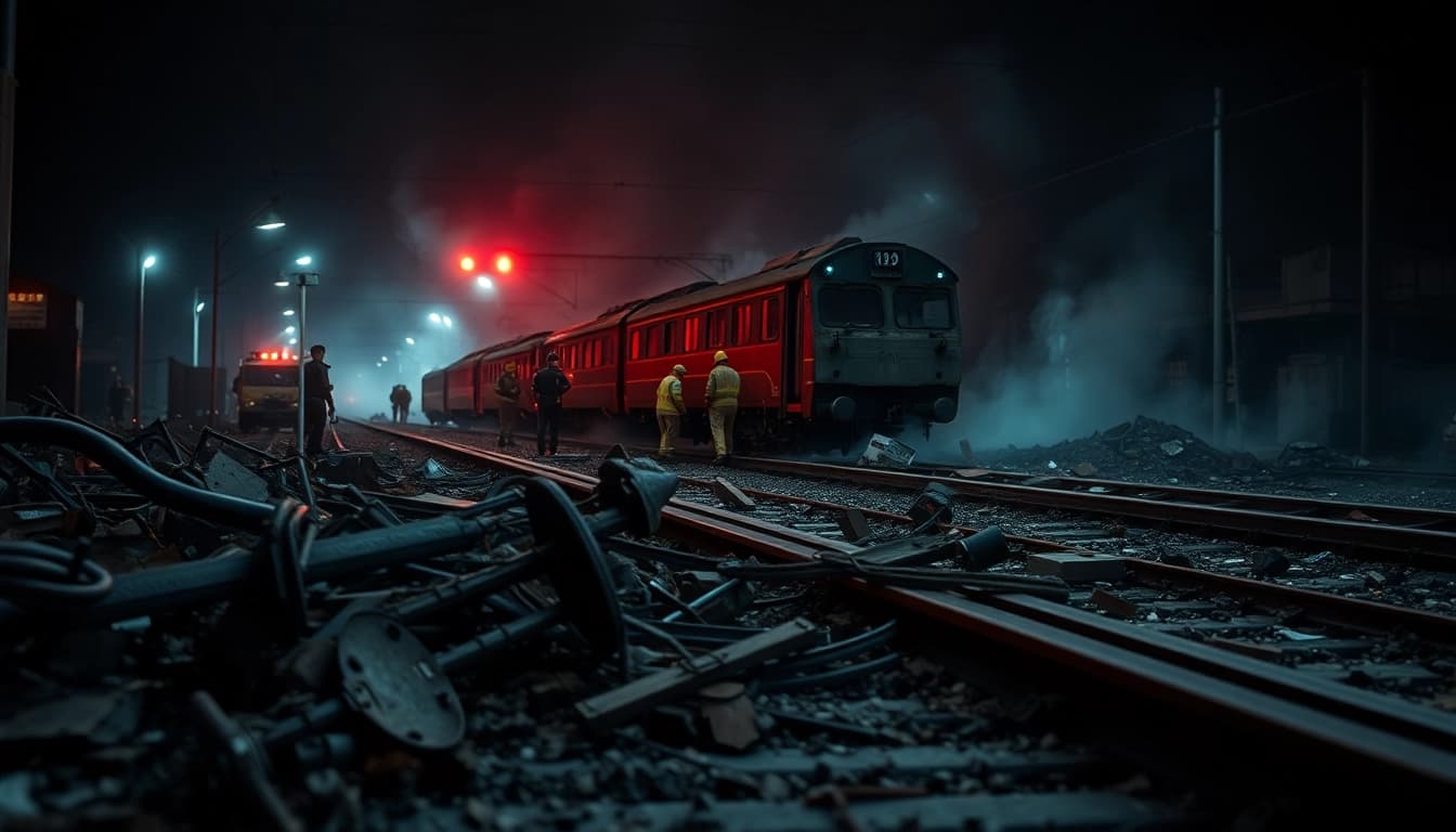 Responders investigating the spain train crash site with debris and emergency gear scattered around.
