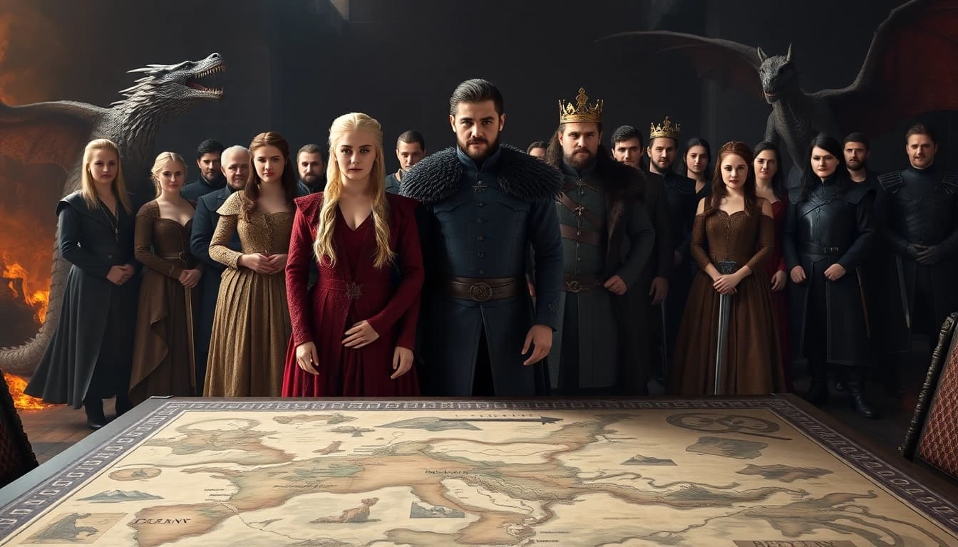 The game of thrones cast displaying their iconic characters in a dramatic, regal setting.