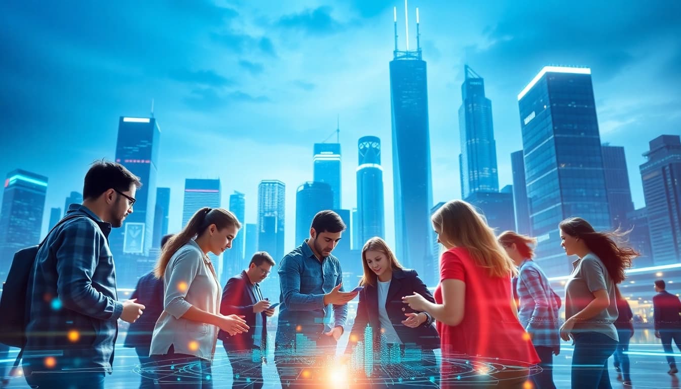 Individuals collaborating around innovative Technology displays in a vibrant futuristic city.