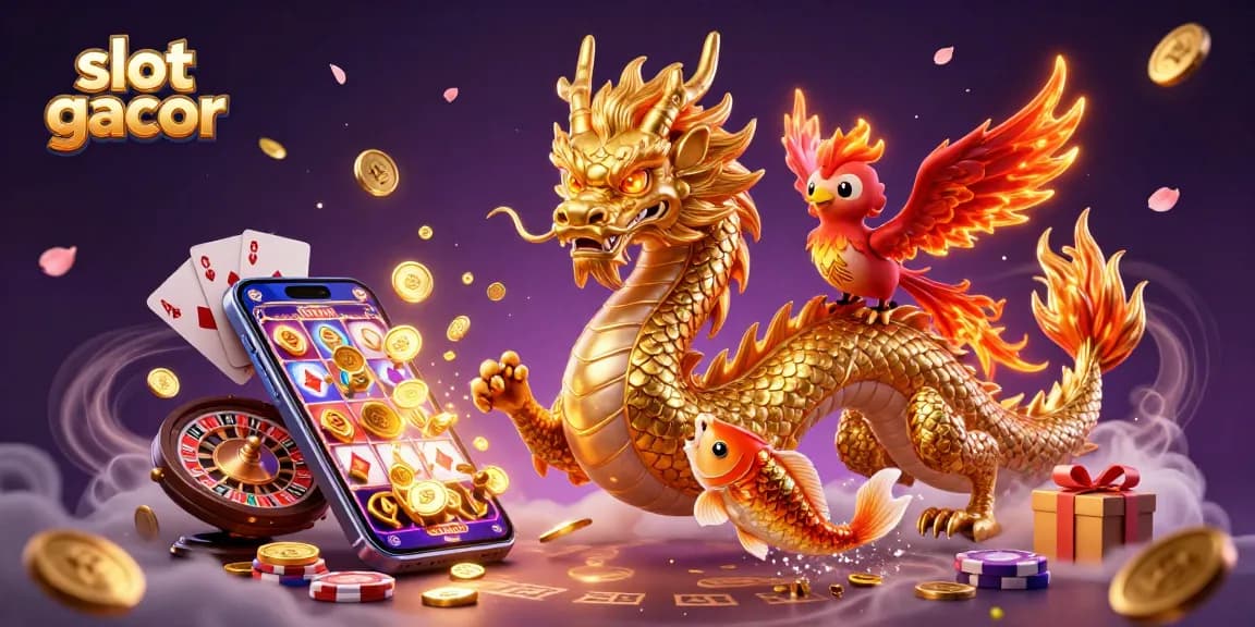 Experience slot gacor excitement with a golden dragon, phoenix, and koi exploding with coins.