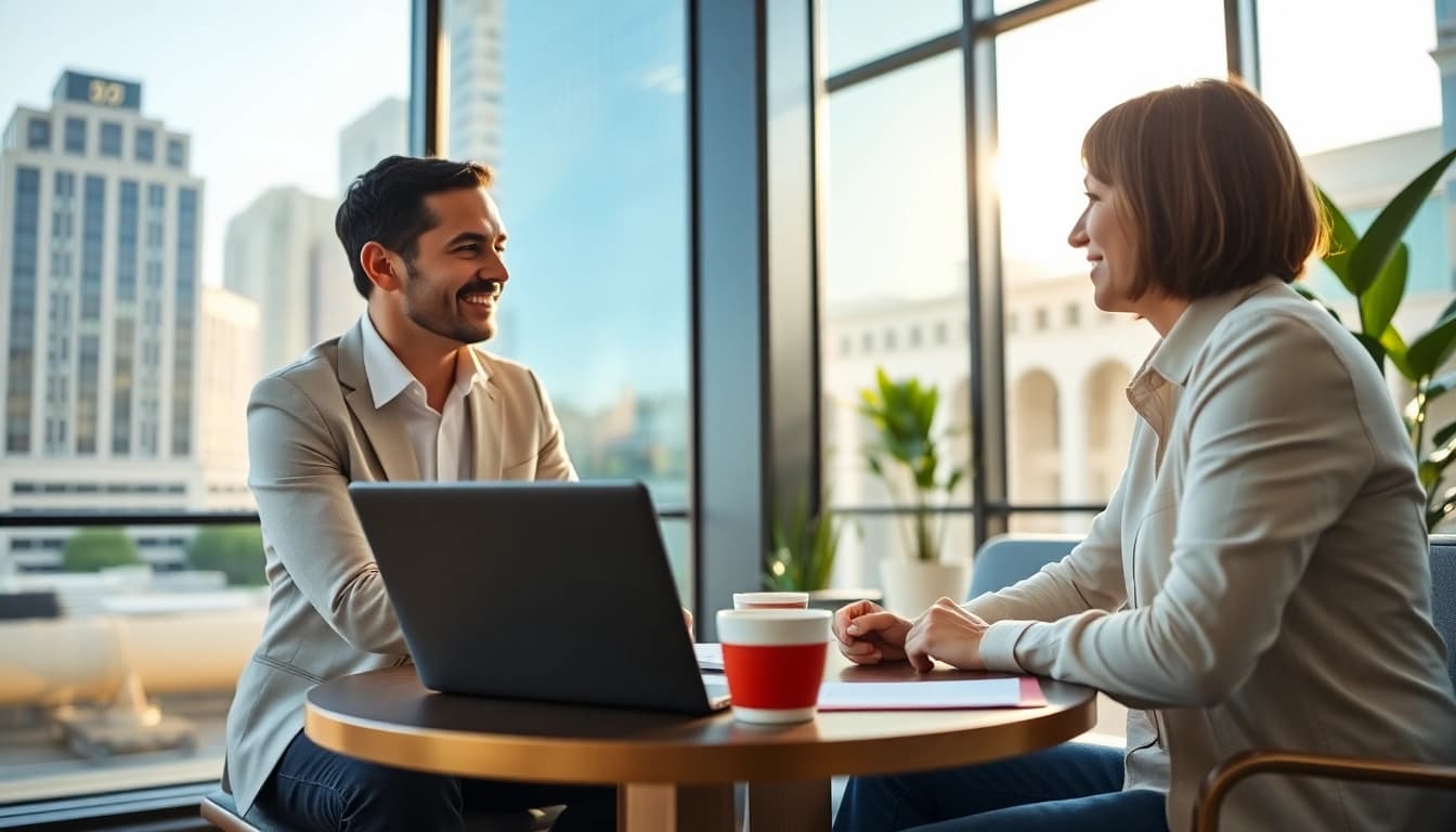 Business coach Los Angeles discussing strategies with a client over coffee.