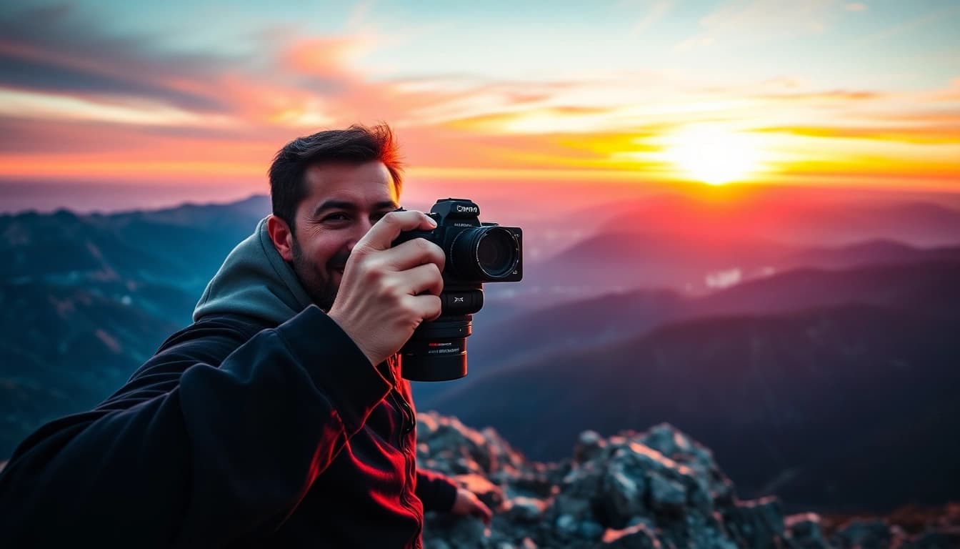 Photographer using Insta360 X5 to capture stunning mountain sunrise shot.