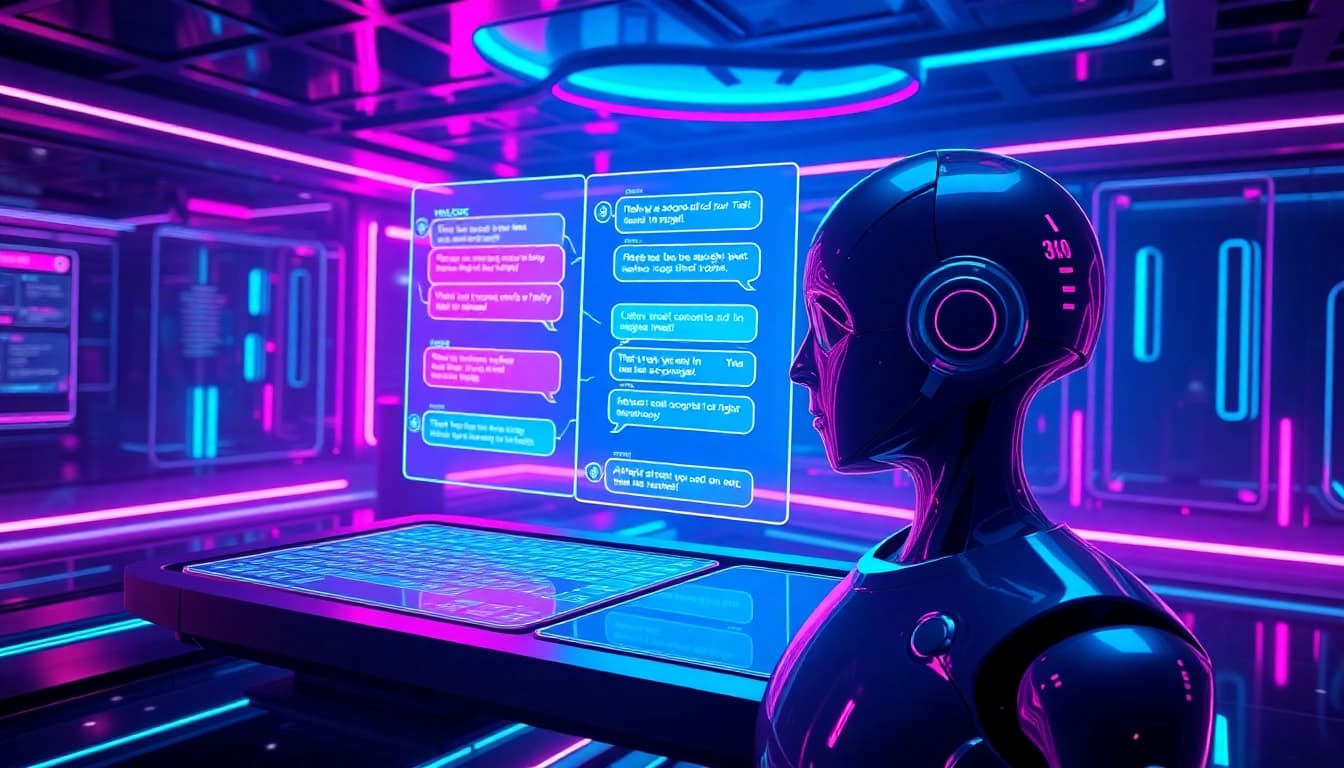 Futuristic AI nsfw chatbot interface in a vibrant cyberpunk setting
