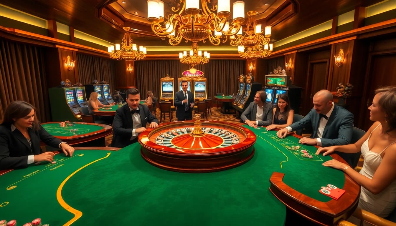 Vivez l'excitation du meilleur casino en ligne avec des joueurs profitant du poker à des tables élégantes.