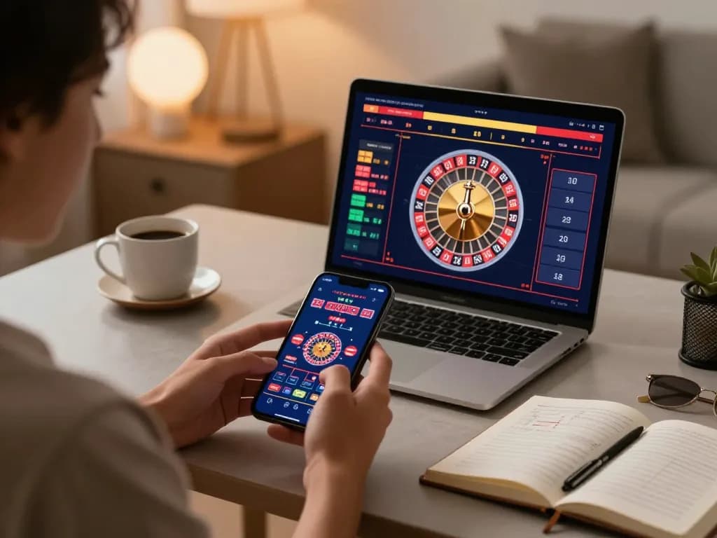 Engaging in mobile gambling at home with MANCLUB, featuring a person playing roulette.