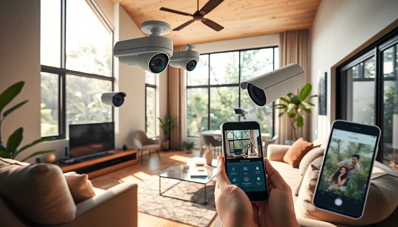 Instalación de alarmas de seguridad en una casa moderna de Costa Rica, que muestra dispositivos de alta tecnología en una sala de estar acogedora.