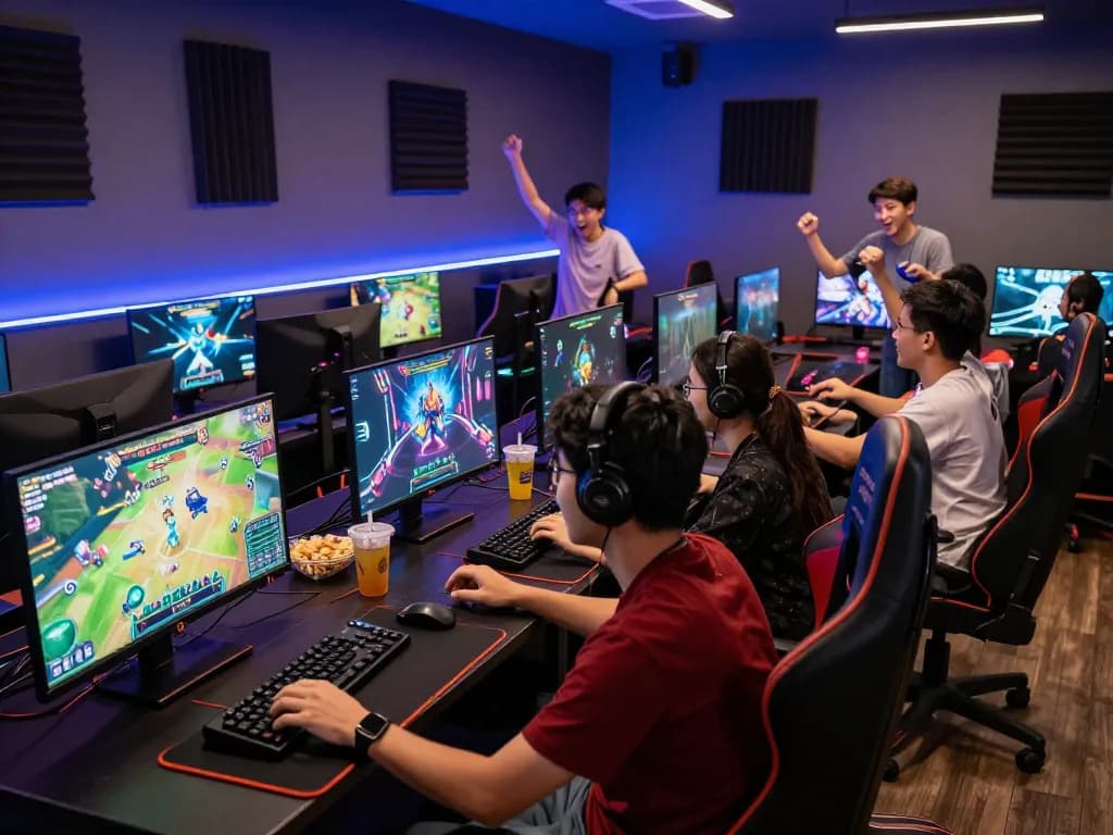 Diverse gamers in digital lounge enjoying Agen Togel gaming session with vibrant setups.